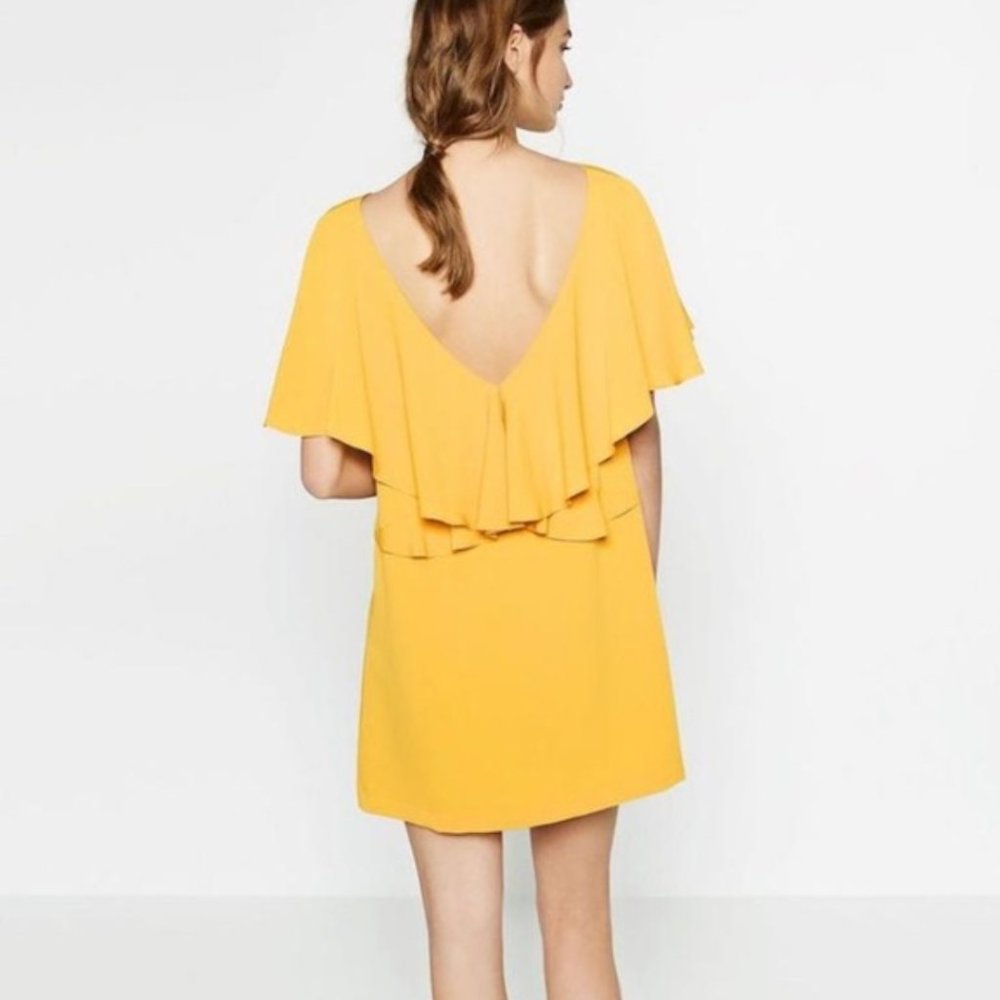 Zara Yellow Sheath Dress with Cape Ruffle Sleeves